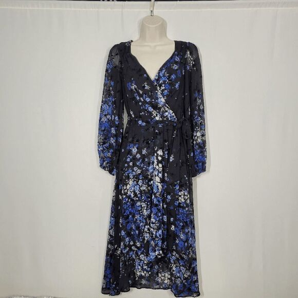DKNY Floral-Print Balloon-Sleeve Surplice Faux-Wrap Dress Size 6 - Picture 1 of 8